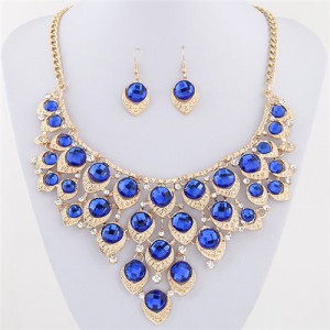 Gem Inlaid Peacock Feather Inspired Necklace and Earrings Set - Blue