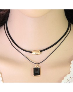 Oblong Gem Pendant with Golden Alloy Decoration Dual Layers Rope Fashion Necklace