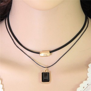 Oblong Gem Pendant with Golden Alloy Decoration Dual Layers Rope Fashion Necklace