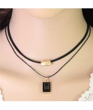 Oblong Gem Pendant with Golden Alloy Decoration Dual Layers Rope Fashion Necklace