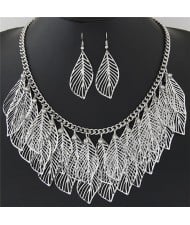 Exquisite Hollow Leaves Design Short Fashion Necklace and Earrings Set - Silver