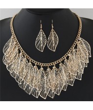 Exquisite Hollow Leaves Design Short Fashion Necklace and Earrings Set - Golden