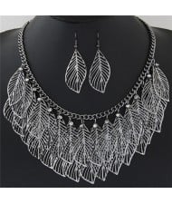 Exquisite Hollow Leaves Design Short Fashion Necklace and Earrings Set - Gun Black