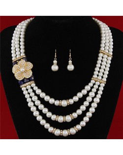 Flower Decorated Triple Layers Pearl Fashion Collar Necklace and Earrings Set - Royal Blue