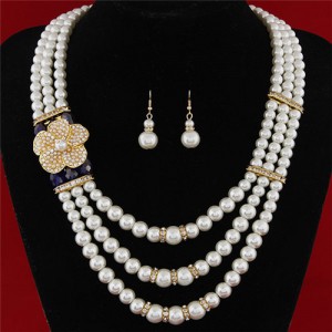 Flower Decorated Triple Layers Pearl Fashion Collar Necklace and Earrings Set - Royal Blue