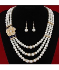 Flower Decorated Triple Layers Pearl Fashion Collar Necklace and Earrings Set - Royal Blue