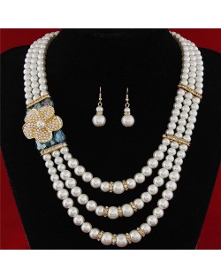 Flower Decorated Triple Layers Pearl Fashion Collar Necklace and Earrings Set - Sky Blue