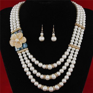 Flower Decorated Triple Layers Pearl Fashion Collar Necklace and Earrings Set - Sky Blue