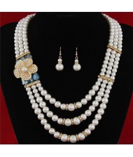 Flower Decorated Triple Layers Pearl Fashion Collar Necklace and Earrings Set - Sky Blue
