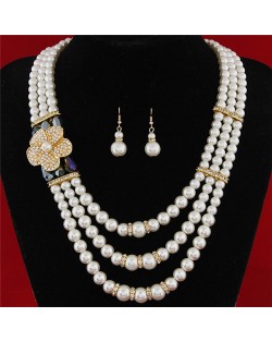 Flower Decorated Triple Layers Pearl Fashion Collar Necklace and Earrings Set - Green