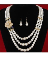 Flower Decorated Triple Layers Pearl Fashion Collar Necklace and Earrings Set - Green