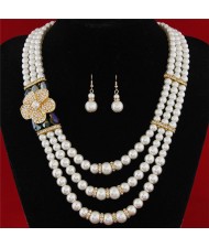 Flower Decorated Triple Layers Pearl Fashion Collar Necklace and Earrings Set - Green