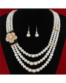 Flower Decorated Triple Layers Pearl Fashion Collar Necklace and Earrings Set - Black