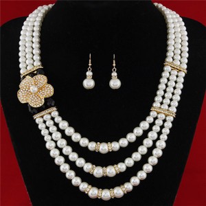 Flower Decorated Triple Layers Pearl Fashion Collar Necklace and Earrings Set - Black