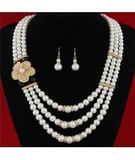 Flower Decorated Triple Layers Pearl Fashion Collar Necklace and Earrings Set - Black