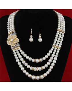 Flower Decorated Triple Layers Pearl Fashion Collar Necklace and Earrings Set - White