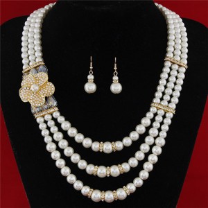 Flower Decorated Triple Layers Pearl Fashion Collar Necklace and Earrings Set - White