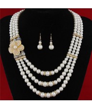 Flower Decorated Triple Layers Pearl Fashion Collar Necklace and Earrings Set - White