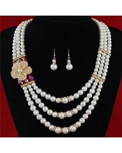 Flower Decorated Triple Layers Pearl Fashion Collar Necklace and Earrings Set - Red