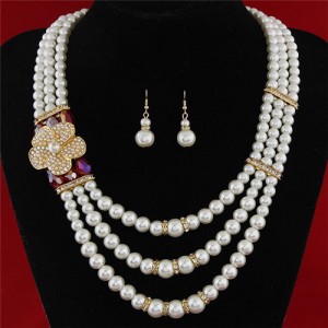 Flower Decorated Triple Layers Pearl Fashion Collar Necklace and Earrings Set - Red