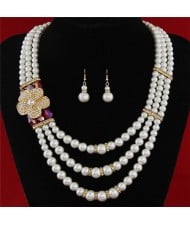 Flower Decorated Triple Layers Pearl Fashion Collar Necklace and Earrings Set - Red