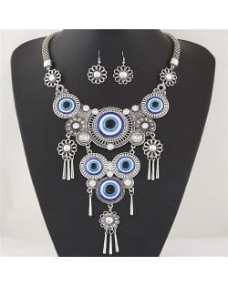 Western Fashion Eye Balls Gem Inlaid Flower Style with Tassel Costume Necklace and Earrings Set - Silver
