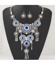 Western Fashion Eye Balls Gem Inlaid Flower Style with Tassel Costume Necklace and Earrings Set - Silver