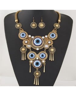 Western Fashion Eye Balls Gem Inlaid Flower Style with Tassel Costume Necklace and Earrings Set - Golden