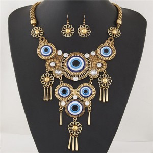Western Fashion Eye Balls Gem Inlaid Flower Style with Tassel Costume Necklace and Earrings Set - Golden