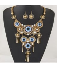 Western Fashion Eye Balls Gem Inlaid Flower Style with Tassel Costume Necklace and Earrings Set - Golden
