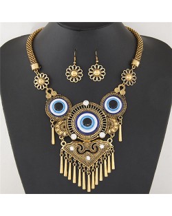 Vintage Eye Balls Theme Floral Pattern with Tassel Design Fashion Necklace and Earrings Set - Golden