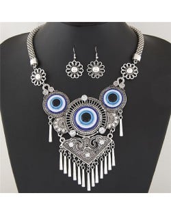 Vintage Eye Balls Theme Floral Pattern with Tassel Design Fashion Necklace and Earrings Set - Silver