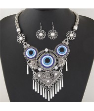 Vintage Eye Balls Theme Floral Pattern with Tassel Design Fashion Necklace and Earrings Set - Silver