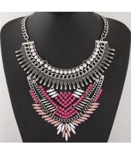 Shining Rhinestone Embellished Pinky Leaves Short Statement Fashion Necklace - Silver