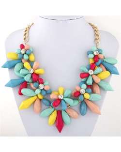Candy Color Ice Crystal Flowers Design Costume Fashion Necklace - Teal and Pink