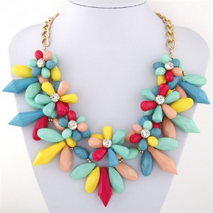 Candy Color Ice Crystal Flowers Design Costume Fashion Necklace - Teal and Pink