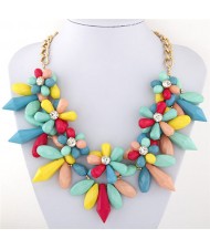 Candy Color Ice Crystal Flowers Design Costume Fashion Necklace - Teal and Pink