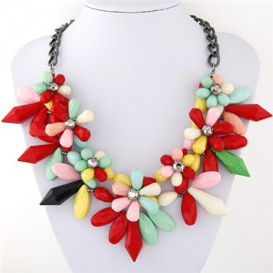 Candy Color Ice Crystal Flowers Design Costume Fashion Necklace - Red
