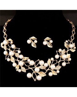 Pearl Decorated Fruits Twig Design Statement Fashion Necklace and Earrings Set - Golden
