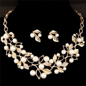 Pearl Decorated Fruits Twig Design Statement Fashion Necklace and Earrings Set - Golden
