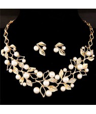 Pearl Decorated Fruits Twig Design Statement Fashion Necklace and Earrings Set - Golden