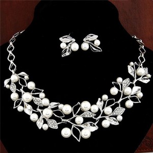 Pearl Decorated Fruits Twig Design Statement Fashion Necklace and Earrings Set - Silver