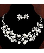 Pearl Decorated Fruits Twig Design Statement Fashion Necklace and Earrings Set - Silver