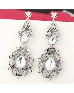 Gem Embedded Vintage Hollow Floral Fashion Earrings - White