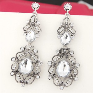 Gem Embedded Vintage Hollow Floral Fashion Earrings - White