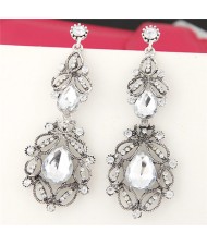 Gem Embedded Vintage Hollow Floral Fashion Earrings - White