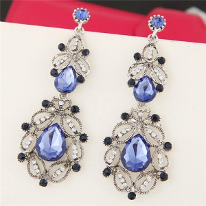 Gem Embedded Vintage Hollow Floral Fashion Earrings - Blue