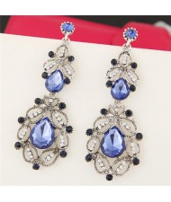 Gem Embedded Vintage Hollow Floral Fashion Earrings - Blue