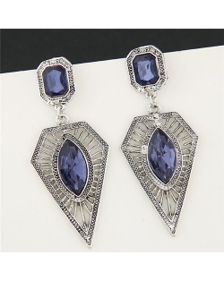 Gem Inlaid Hollow Taper Pendant Design Bold Fashion Earrings - Blue