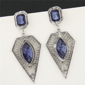 Gem Inlaid Hollow Taper Pendant Design Bold Fashion Earrings - Blue